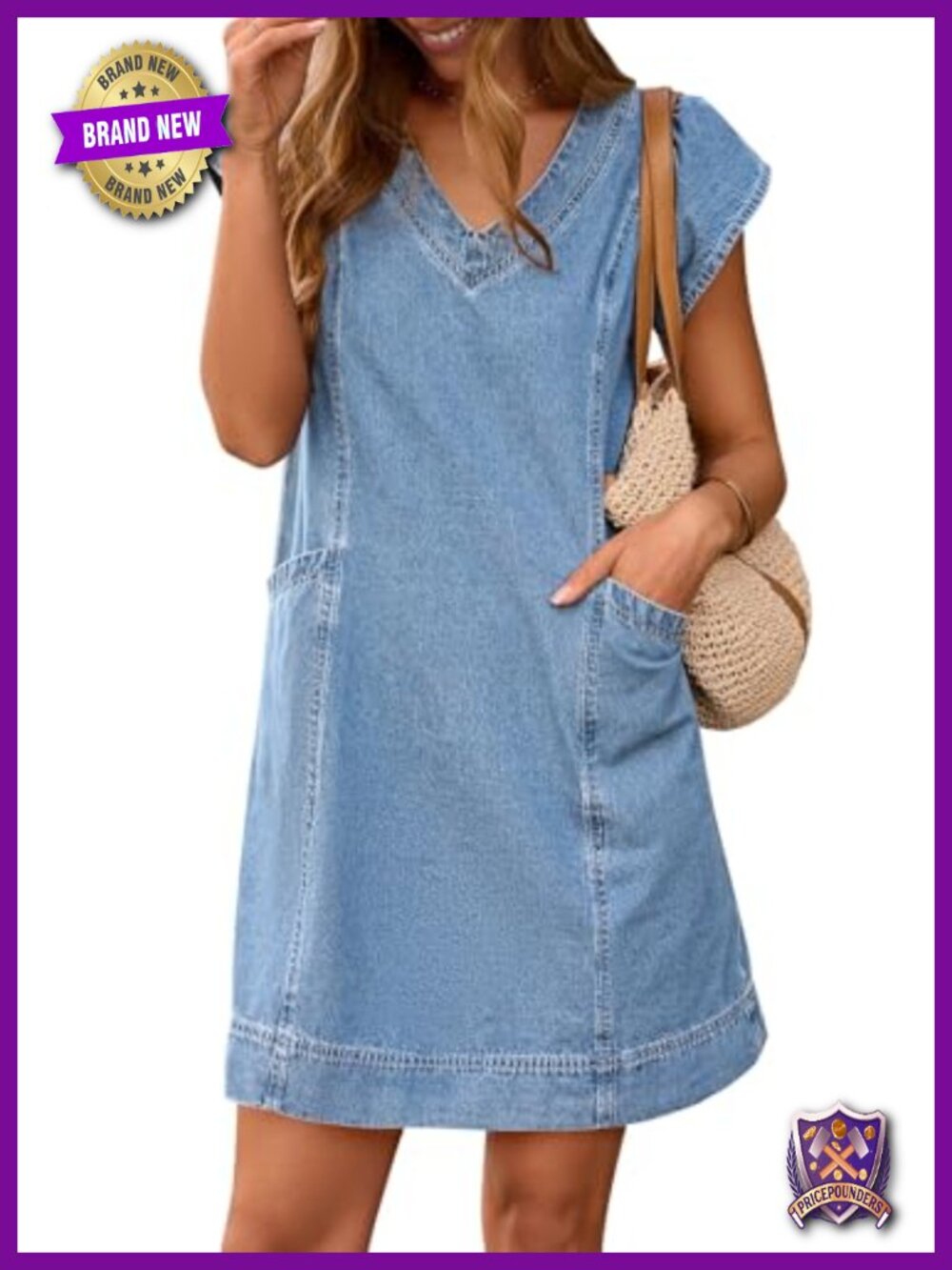 Women's Denim Mini Dress V Neck Short Sleeve Loose Casual Jean Dress